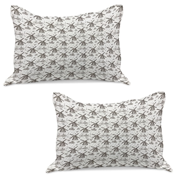 Dutch Knitted Quilt Pillowcover Set of 2, Traditional Netherlands Illustration with Hand Drawn Windmills Tulips, Standard Queen Pillow Sham Bedroom, 30" x 20", Brown and White, by Ambesonne