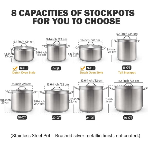 Dutch Oven Casserole with Lid, 9 Quart Professional Stainless Steel Stockpots, Silver