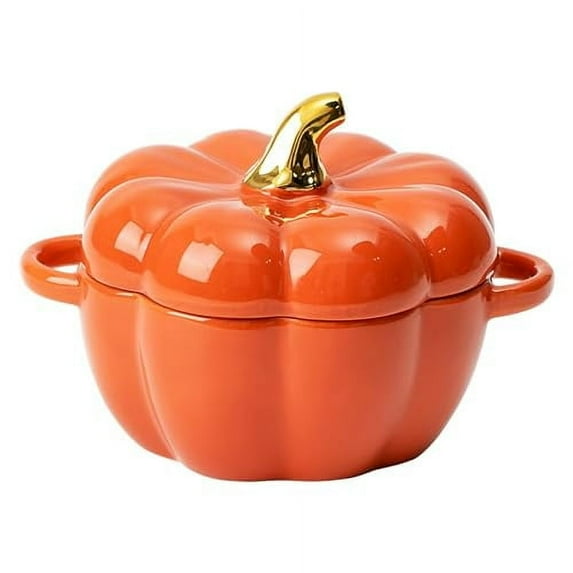 Dutch Oven Pot with Lid, 15 Oz Cute Pumpkin Ceramic Dessert Saucepan with Handle, Mini Pumpkin Bowl Baking Dish, Covered Stockpot Pottery Casserole, Halloween Thanksgiving Decor (Orange)