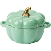 Dutch Oven Pot with Lid, 15 Oz Cute Pumpkin Ceramic Dessert Saucepan with Handle, Mini Pumpkin Bowl Baking Dish, Covered Stockpot Pottery Casserole, Halloween Thanksgiving Decor(Green,5.2x4.5")