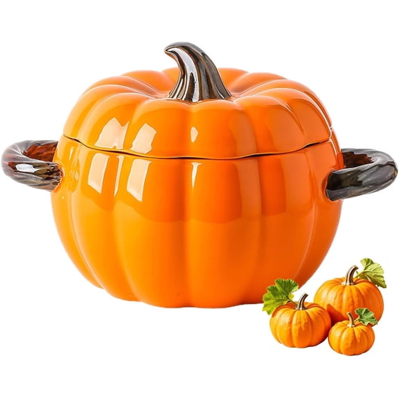 Dutch Oven Pot with Lid, 64oz Ceramic Pumpkin Casserole Pot, Pottery Dessert Saucepan Microwave & Dishwasher Safe, Creative Pumpkin Stockpot Cookware for Thanksgiving Autumn Fall Halloween (Orange)
