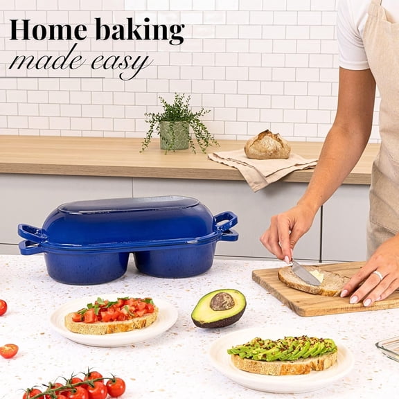 Dutch Oven For Sourdough Bread Baking – Enamelled Cast Iron Bread Loaf Pot – 500 ° F Oven Safe Non Stick Bread Pot – Double Round Loaf Space, 16.5cm Diameter, Dark Blue