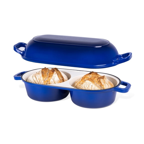 Dutch Oven For Sourdough Bread Baking Enamelled Cast Iron Bread Loaf Pot 500F Oven Safe Non Stick Bread Pot Double Round Loaf Space, 16.5cm Diameter, Dark Blue