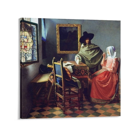 Dutch Painter Johannes Vermeer The Glass of Wine Retro Poster Artworks Canvas Poster Room Aesthetic Wall Art Prints Home Modern Decor Gifts 20x20inch(50x50cm)