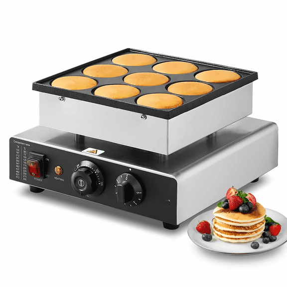 Dutch Pancake Maker 9-Cavity, 850W Dorayaki Baker Machine - Commercial Non-Stick Waffle Iron for Home & Restaurant - 76mm Mini Pancakes