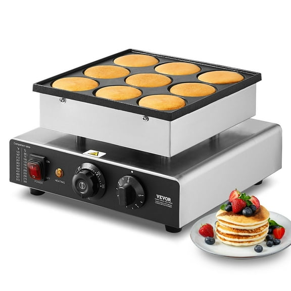 Dutch Pancake Maker 9PCS 76mm Diameter Dorayaki Baker Machine 850W Commercial Electric Poffertjes Grill Nonstick Stainless Steel Temperature Time Control for Home Kitchen Restaurant Snack Bar