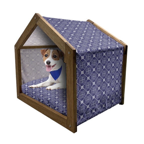 Dutch Pet House, Ornate Floral Arrangement with Swirls and Curves Monochrome Tile Illustration, Outdoor & Indoor Portable Dog Kennel with Pillow and Cover, 5 Sizes, Indigo and White, by Ambesonne