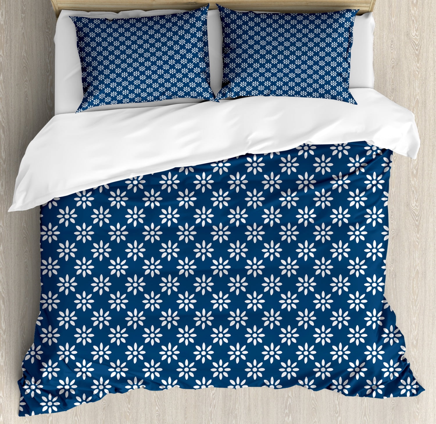 Navy Blue and White Floral Queen Duvet Cover Set