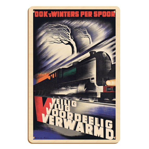 Dutch Railway - Also in Winter by Rail (Ook’s Winters per Spoor) - Vintage Railroad Travel Poster by Kees van der Laan c.1935 - 8 x 12 inch Vintage Wood Art Sign
