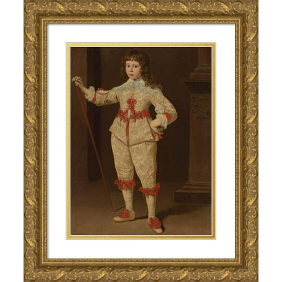 Dutch School 15x18 Gold Ornate Wood Frame and Double Matted Museum Art Print Titled - Portrait of a Boy with Walking Stick (1633)