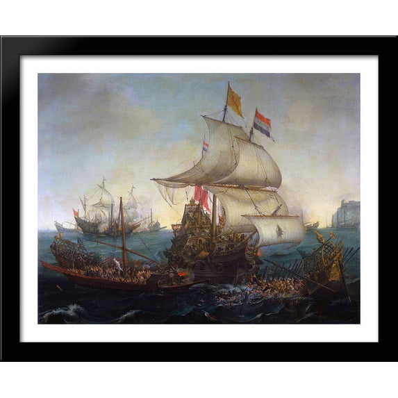 Dutch Ships Ramming Spanish Galleys off the Flemish Coast in October 1602 34x28 Large Black Wood Framed Print Art by Hendrick Cornelisz Vroom
