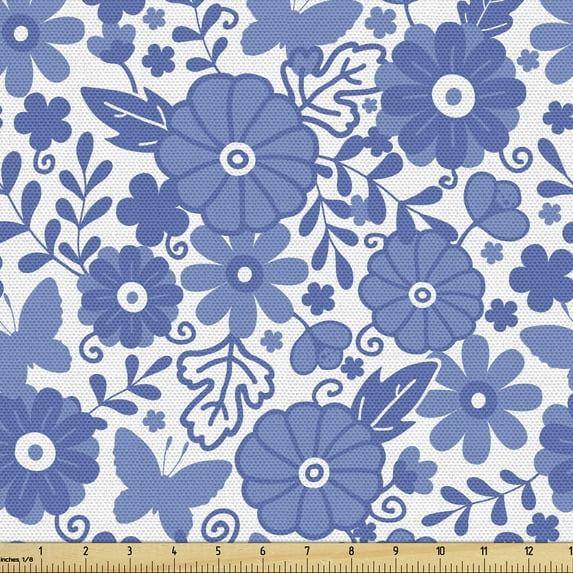 Ambesonne Dutch Fabric by the Yard Upholstery, Delft Style Folk Art Floral, 1 Yard, Lavender Blue and White