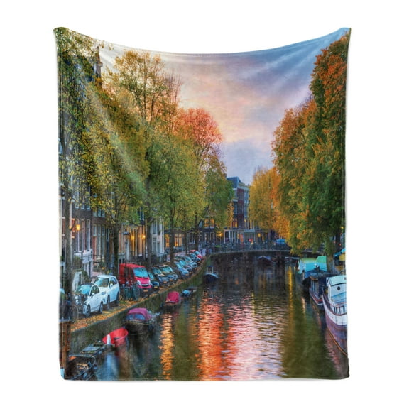 Dutch Soft Flannel Fleece Blanket, Photo of Amstel River from City of Amsterdam with Small Boats and Bridges in Evening, Cozy Plush for Indoor and Outdoor Use, 60" x 80", Multicolor, by Ambesonne