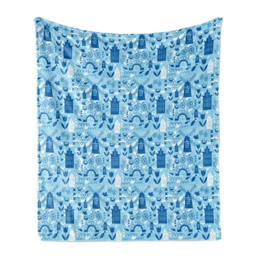 Dutch Soft Flannel Fleece Throw Blanket, Elements from Nature and Architecture of Netherlands in Blue Tones, Cozy Plush for Indoor and Outdoor Use, 60" x 80", Pale Blue Navy Blue, by Ambesonne