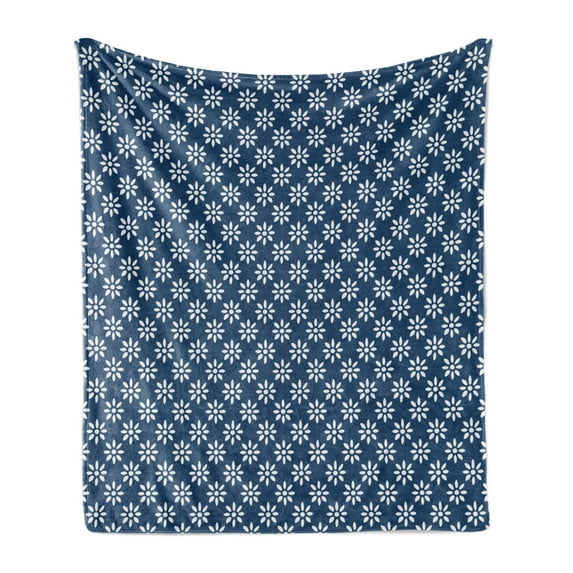 Dutch Soft Flannel Fleece Throw Blanket, Hand Drawn Style White Flowers on a Blue Background Classic Delft Pattern, Cozy Plush for Indoor and Outdoor Use, 60" x 80", Navy Blue and White, by Ambesonne