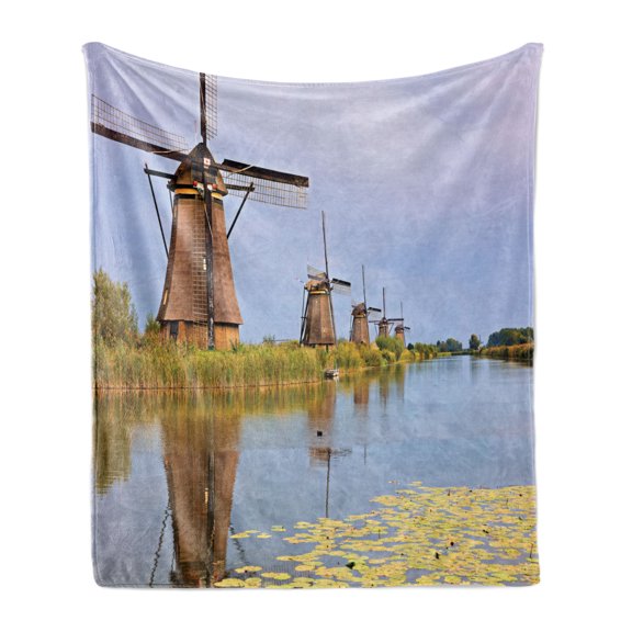 Dutch Soft Flannel Fleece Throw Blanket, Landscape Image of Traditional Wooden Windmills from Kinderdijk, Cozy Plush for Indoor and Outdoor Use, 50" x 70", Pale Ceil Blue Multicolor, by Ambesonne