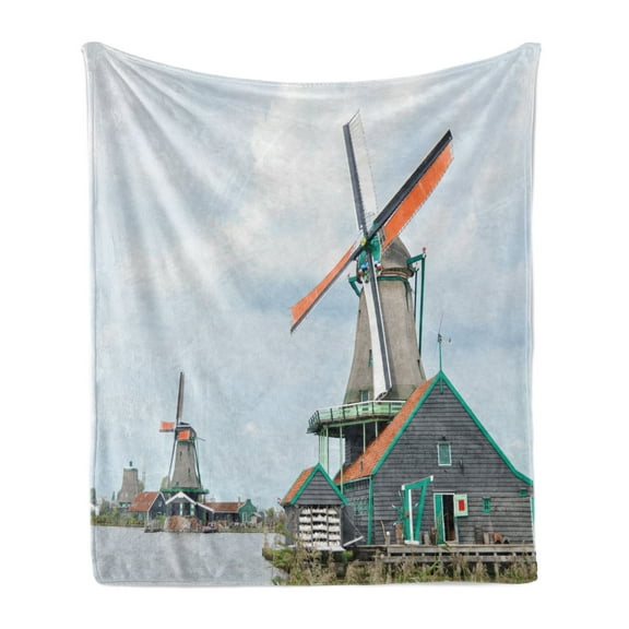 Dutch Soft Flannel Fleece Throw Blanket, Photo of Historical De Kat Windmill in Zaanse Schans at Province of North Holland, Cozy Plush for Indoor and Outdoor Use, 70" x 90", Multicolor, by Ambesonne