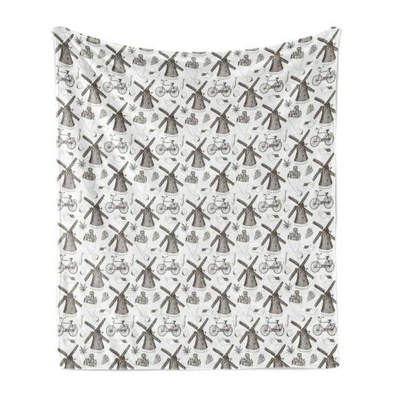 Dutch Soft Flannel Fleece Throw Blanket, Traditional Netherlands Illustration with Hand Drawn Windmills Tulips, Cozy Plush for Indoor and Outdoor Use, 60" x 80", Brown and White, by Ambesonne