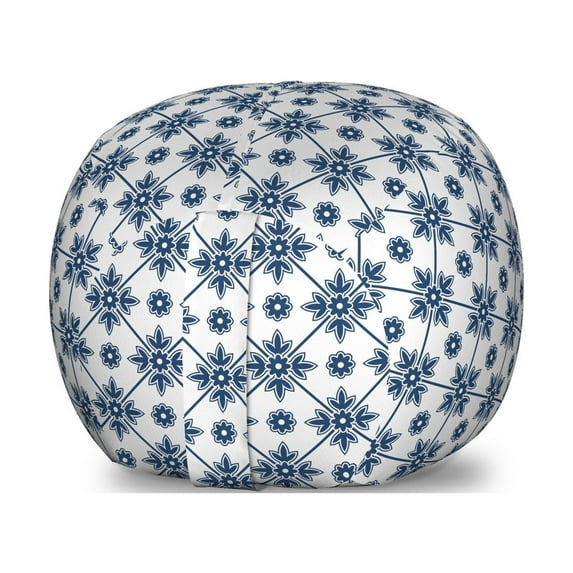 Dutch Storage Toy Bag Chair, Blooming Floral Pattern Rhombus Design Historical Delft Print, Stuffed Animal Organizer Washable Bag, Large Size, Dark Blue and White, by Ambesonne