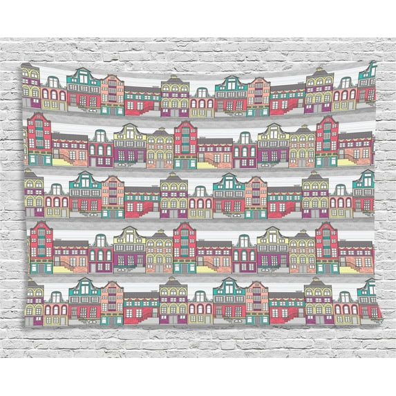 Dutch Tapestry, Traditional Colorful Amsterdam Houses Sketch Style Architecture Themed Illustration, Wall Hanging for Bedroom Living Room Dorm Decor, 60W X 40L Inches, Multicolor, by Ambesonne