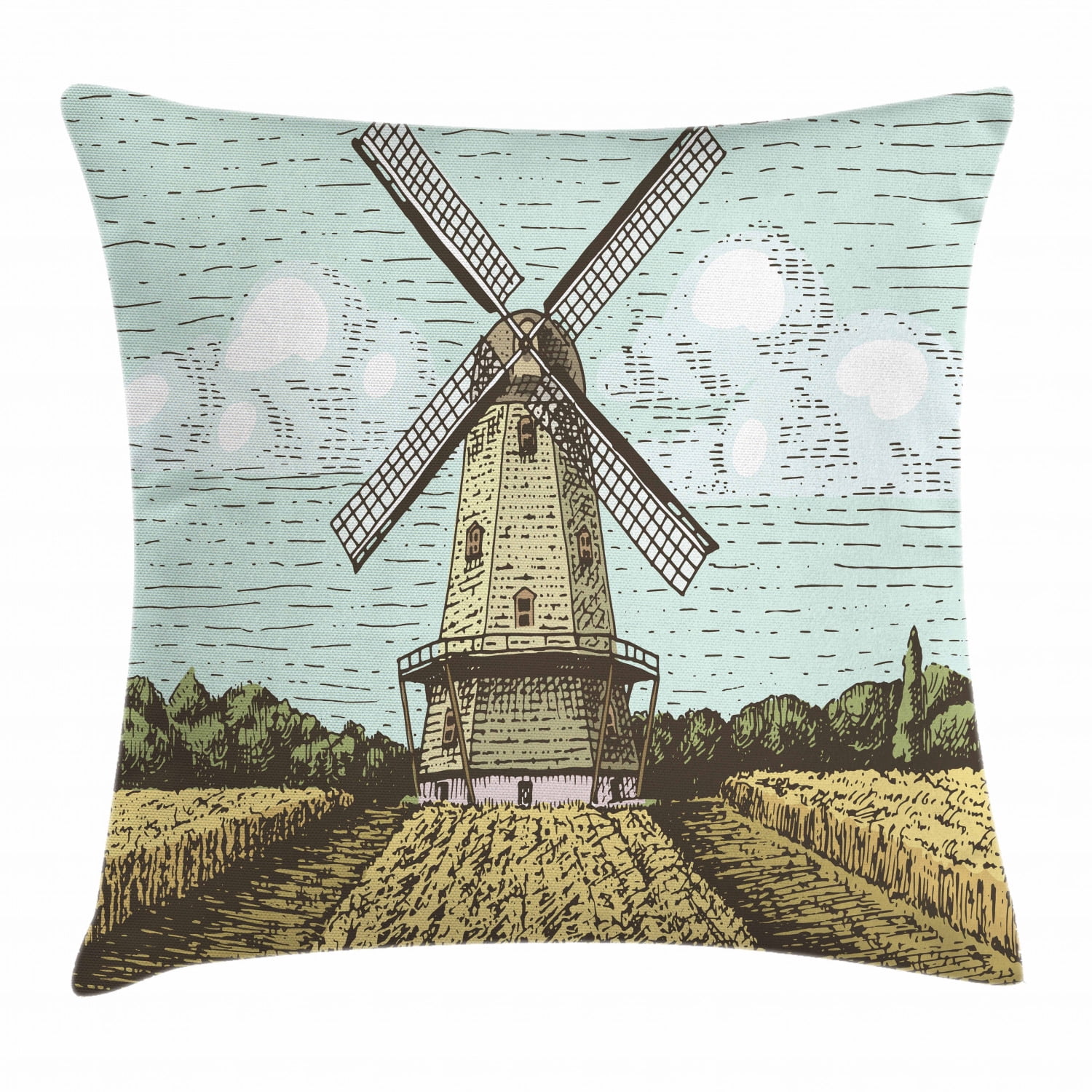 Dutch Throw Pillow Cushion Cover, Hand Drawn Style Windmill in a