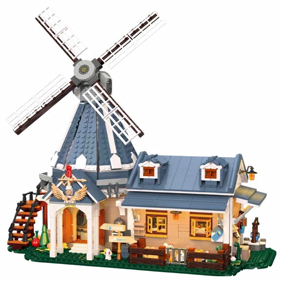 Dutch Windmill Farmhouse Building Block Set with Chicken Coop & LED Lights, Creative Birthday Gift, Home Office Table Centerpiece