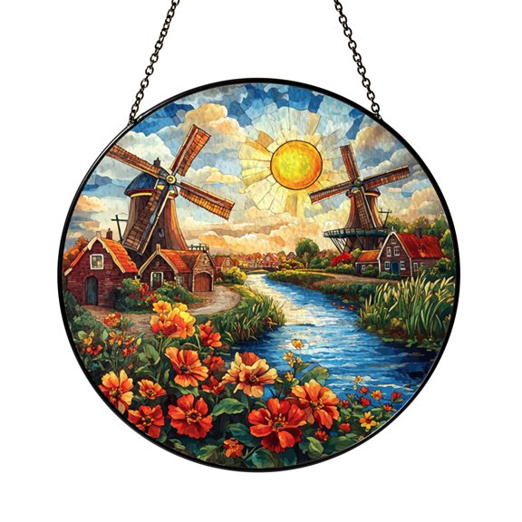 Dutch Windmill Faux Stained Glass Window Suncatcher, Home or Garden Gift