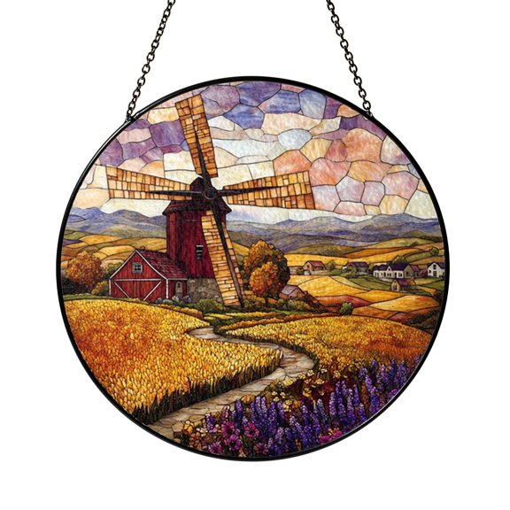 Dutch Windmill Floral Field Stained Glass Suncatcher Window Hanging, Scenic Countryside Art Decor