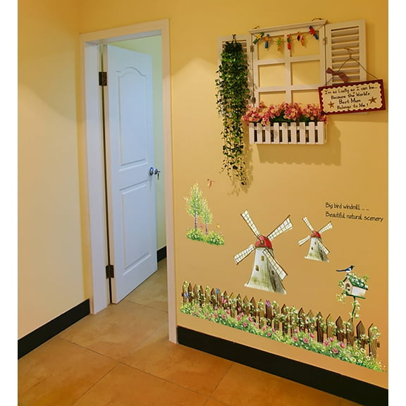 Dutch Windmill Pleasant Scenery Wall Decal - PVC Transparent Film for Kindergarten, Living Room, Children's Room, TV Background, and Window Decor