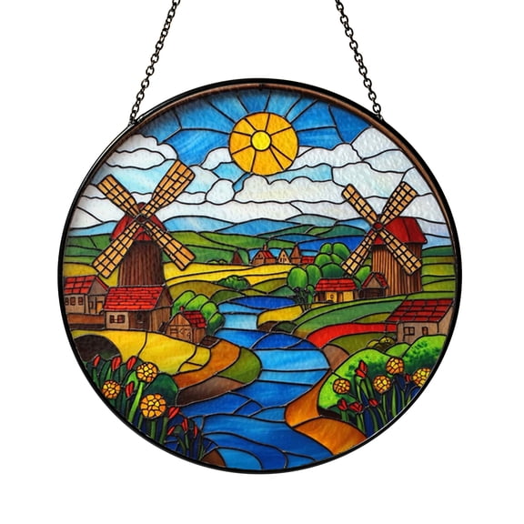 Dutch Windmill River View Round Stained Glass Suncatcher, Scenic European Window Decor
