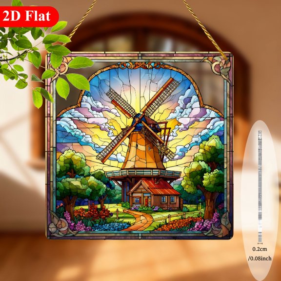 Dutch Windmill Suncatcher Hanging Plaque - 8-Inch Square Acrylic Window Decor with Vibrant Dutch Countryside Scene, Red Roof Sky Design - Lightweight Durable IndoorOutdoor Decoration for