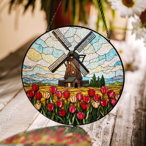 Dutch Windmill Tulip Field Glass Window Hanging, Floral Suncatcher, 3.5 in