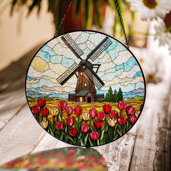 Dutch Windmill Tulip Field Glass Window Hanging Floral Suncatcher Gift For Mom, Suncatcher Window Hanging, 3.5 in