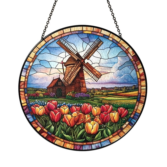 Dutch Windmill Tulip Stained Glass Style Suncatcher Window Hanging Floral Landscape Gift