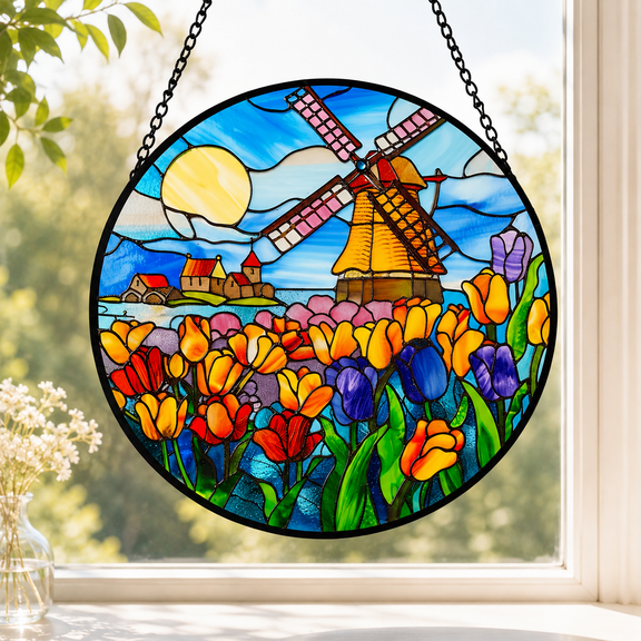 Dutch Windmill Tulip Stained Glass Suncatcher, Colorful Floral Window Hanging Décor (3.94")