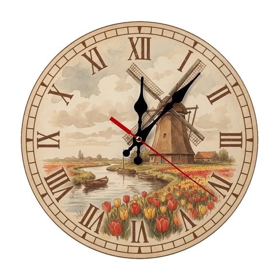 Dutch Windmill Tulips 5mm Thick Solid Wood Wall Clock, Quiet Quartz Movement Easy Install Hanging Clock