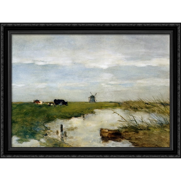 Dutch polder landscape 38x28 Large Black Ornate Wood Framed Canvas Art by Johan Hendrik Weissenbruch