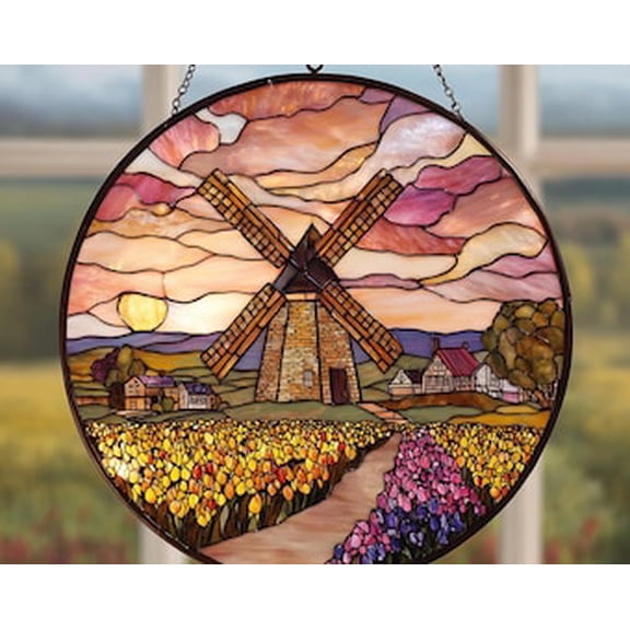Dutch windmill field landscape floral glass suncatcher window hanging gift for mom, 3.5 in