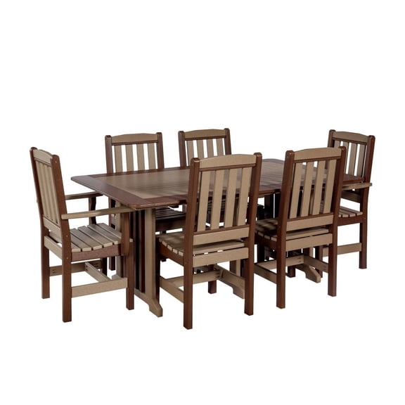 Amish-Made 7-Piece Poly Patio Dining Set, 72 in Rectangle Table, Weatherwood & Brown