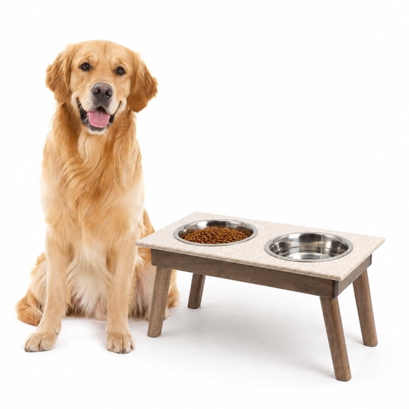 DutchCrafters Addison Elevated Dog Bowl Stand with 2 Stainless Steel Bowls, Raised Double Pet Feeder, Amish Made in USA (Almond Stain & Maui Quartz Top, Large)