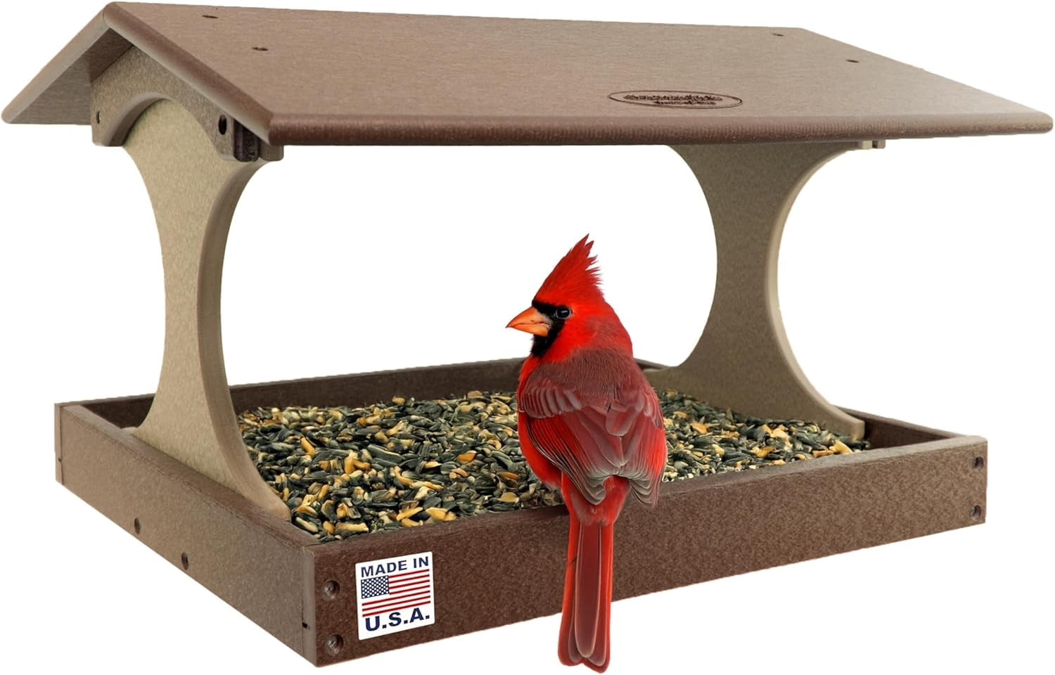 DutchCrafters Amish USA Made Poly Extra Large Fly Through Bird Feeder Post Mount for 4" x 4", Covered Bird Feeder Open Platform Seed Tray for Outdoor, Outside (Tudor Brown & Weatherwood)
