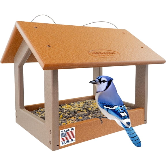 DutchCrafters Amish USA Made Recycled Plastic Large Hanging Modern Fly Through Covered Roof Open Platform Tray Bird Feeder for Outdoors, Garden, Yard (Cedar & Weatherwood)