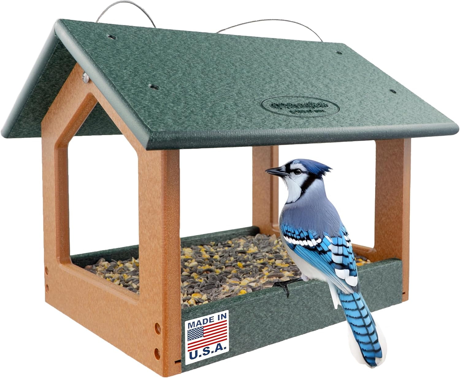 DutchCrafters Amish USA Made Recycled Plastic Large Hanging Modern Fly Through Covered Roof Open Platform Tray Bird Feeder for Outdoors, Garden, Yard (Turf Green & Bright Cedar)