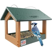 DutchCrafters Amish USA Made Recycled Plastic Large Hanging Modern Fly Through Covered Roof Open Platform Tray Bird Feeder for Outdoors, Garden, Yard Turf Green & Bright Cedar