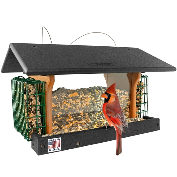 Amish-Made Hopper Poly Bird Feeder, 2 Suet Cages, Hanging, Black & Cedar