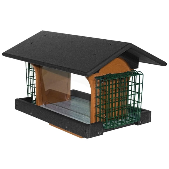 Amish-Made Hopper Poly Bird Feeder, 2 Suet Cages, Post Mount, Black & Cedar