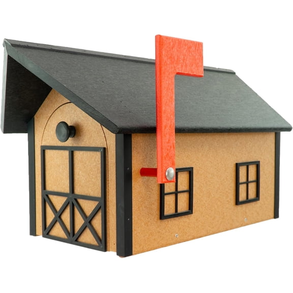 DutchCrafters Large Farmhouse Mailbox, Durable Plastic Barn Mailboxes for Outside, Post Mount Mail Box with Flag, Barnhouse Style - Amish Made in America (Black and Cedar)