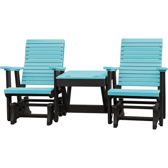 DutchCrafters Modern Horizontal Slat High Back Poly Double Glider Chairs with Center Table Outdoor Patio Furniture