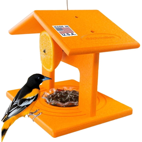 DutchCrafters Plastic Poly Hanging Orange Oriole Bird Feeder with Grape Jelly Cup and Fruit Slice Holders, Oriole Feeder for Outdoor Outside (Orange, Single Cup)