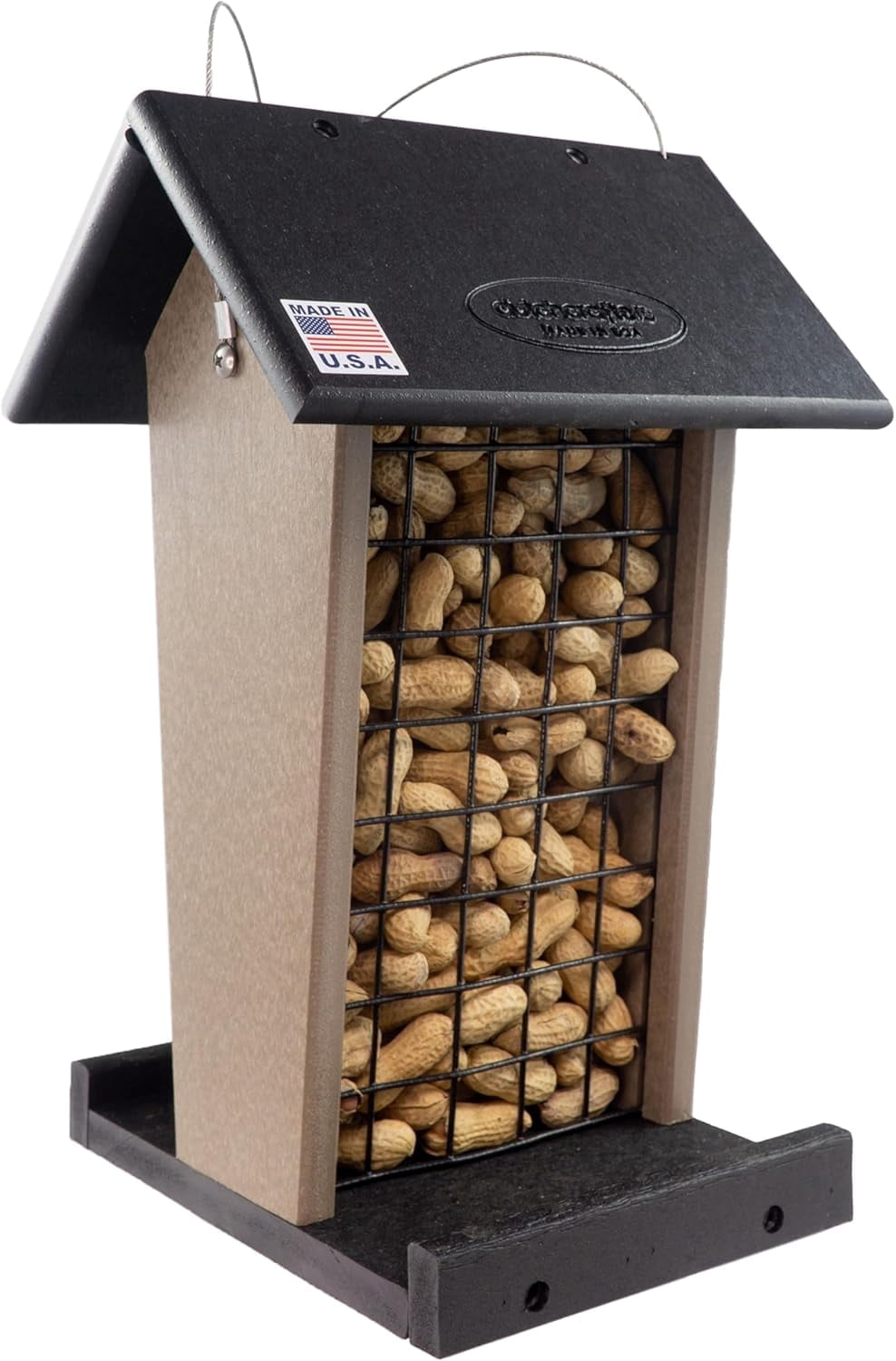 DutchCrafters Plastic Poly Hanging Whole Peanut Bird Feeder for Large Birds, Woodpeckers, Blue Jays for Outdoor, Garden, Yard - USA Amish Made (Black & Weatherwood)